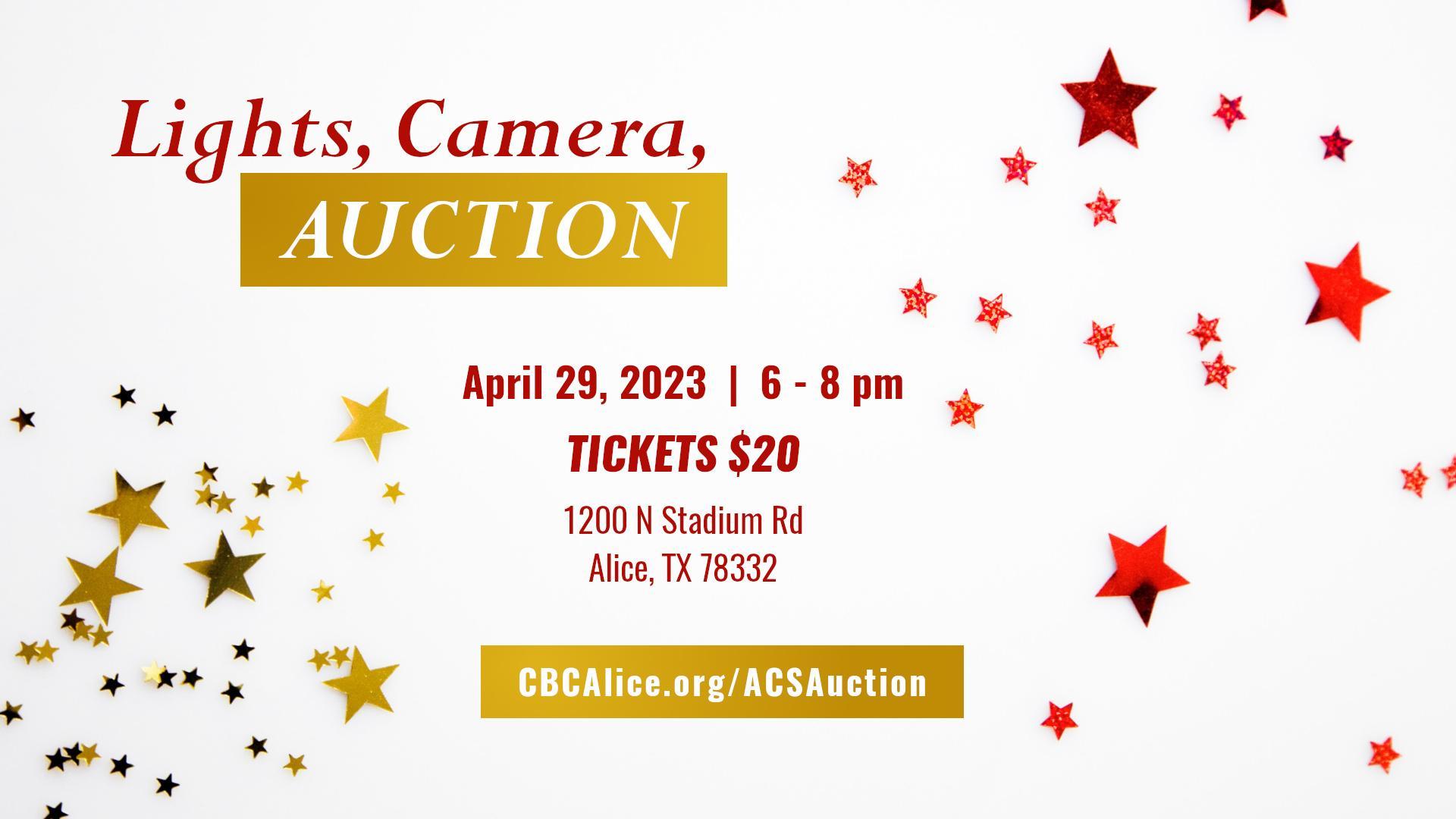 Star decorations and text promoting the Alice Christian School silent auction on April 29, 2023